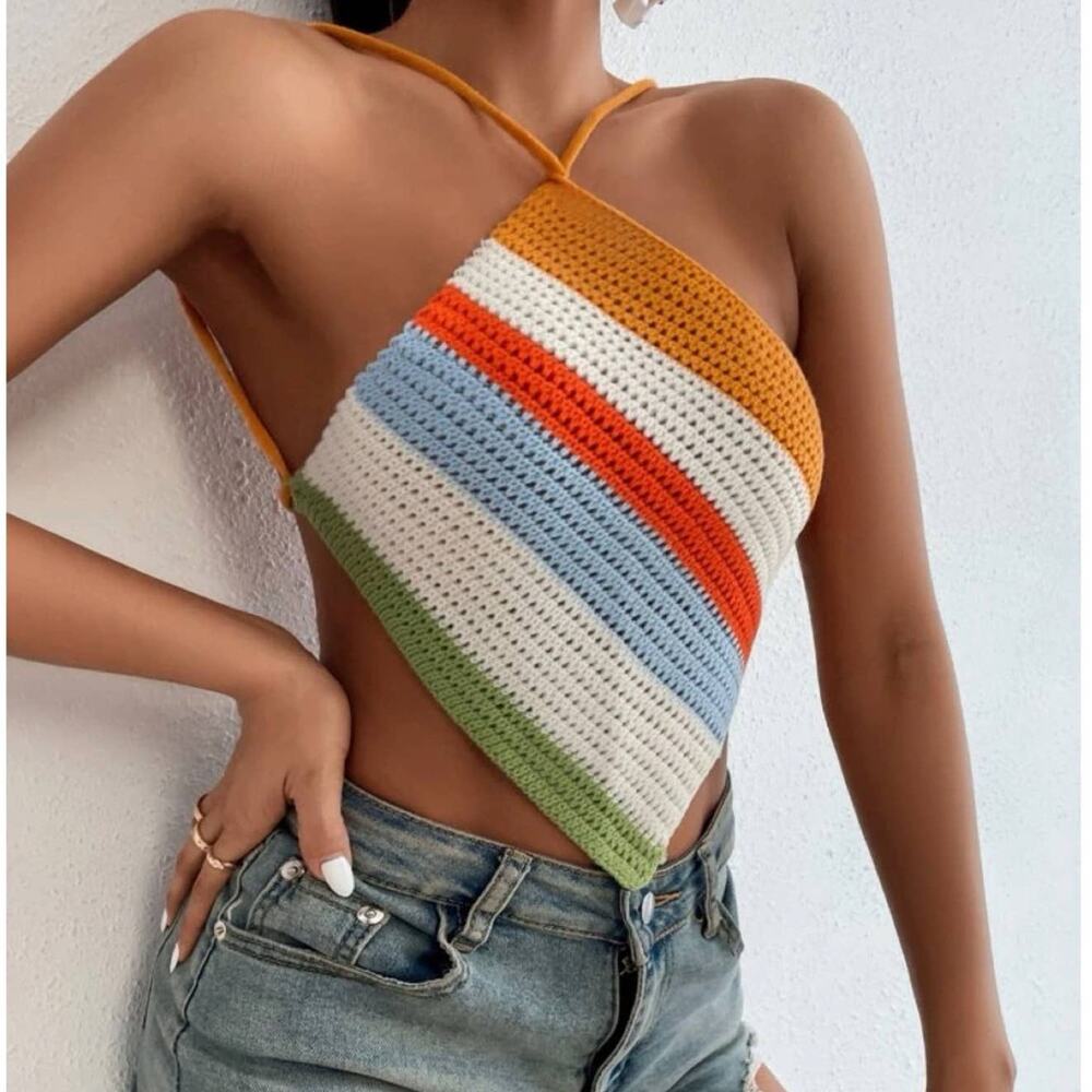 SHEIN Rainbow Crochet Halter Top Asymmetrical Tank Medium
